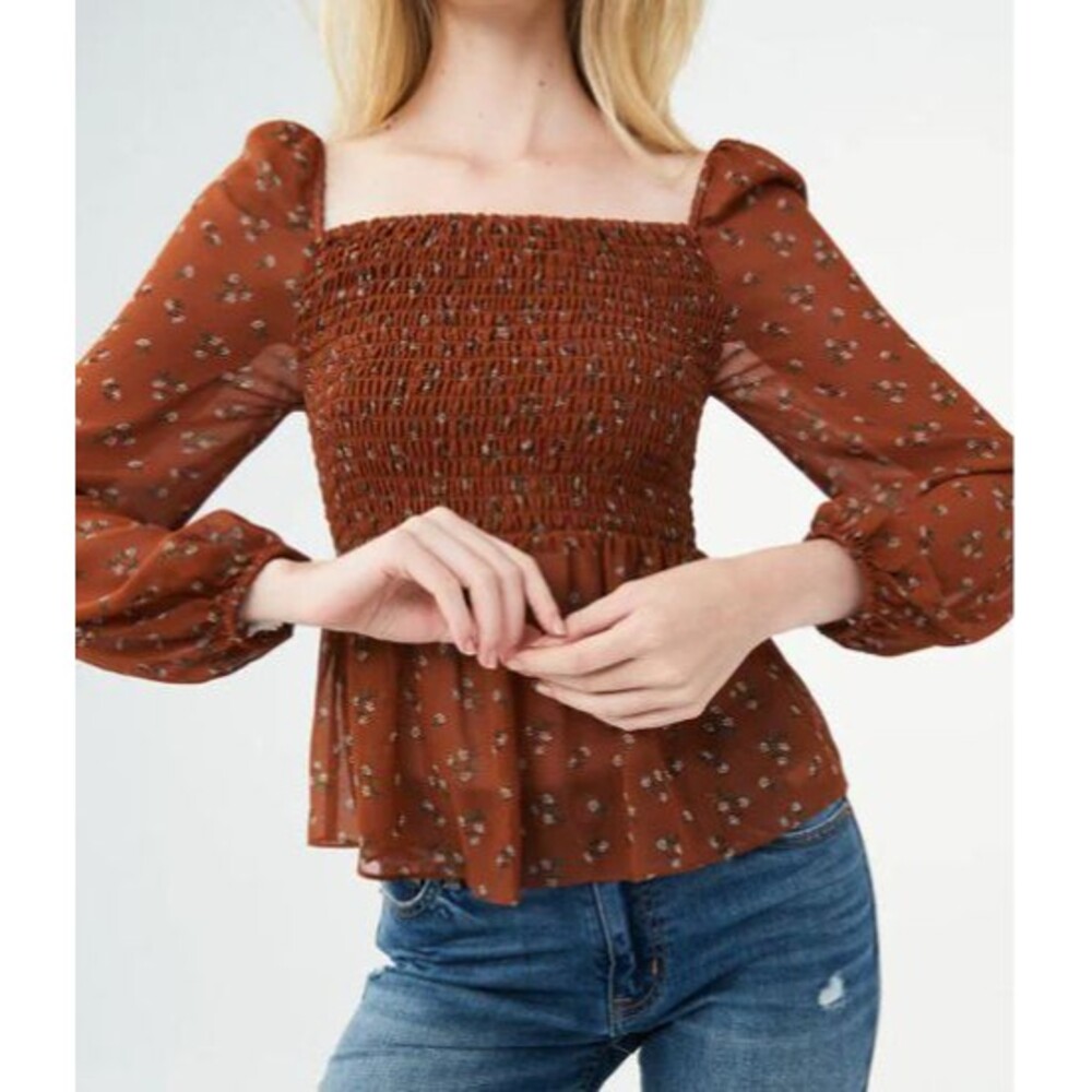 Aeropostale Long Sleeve Smocked Floral Blouse Rust - Size Small